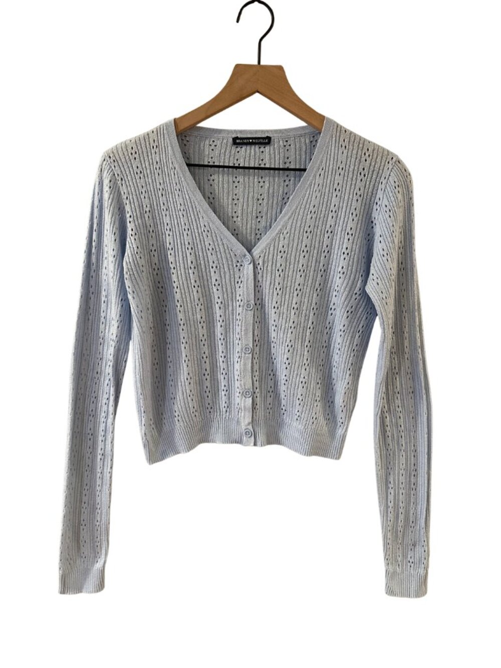 Brandy Melville Cotton Blend Blue Lightweight Pointelle V-Neck Cropped Cardigan